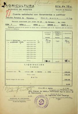 Cuenta satisfecha con libramientos a justificar. Jornales, subsidio vejez. Marzo