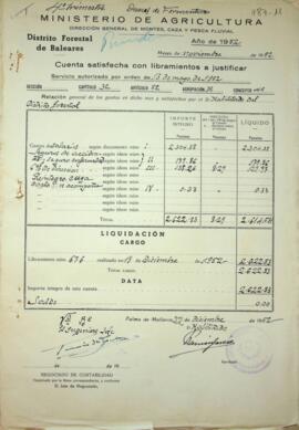 Cuentas justificativas de la Dirección General de Montes en el 1952. Dunas de Formentera