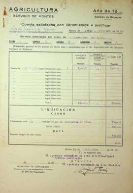 Cuenta satisfecha con libramientos a justificar. Distrito Forestal de Baleares Movimiento Extraor...